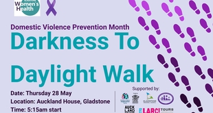 purple flyer with white under the heading and purple footprints on the right hand side walking up the flyer