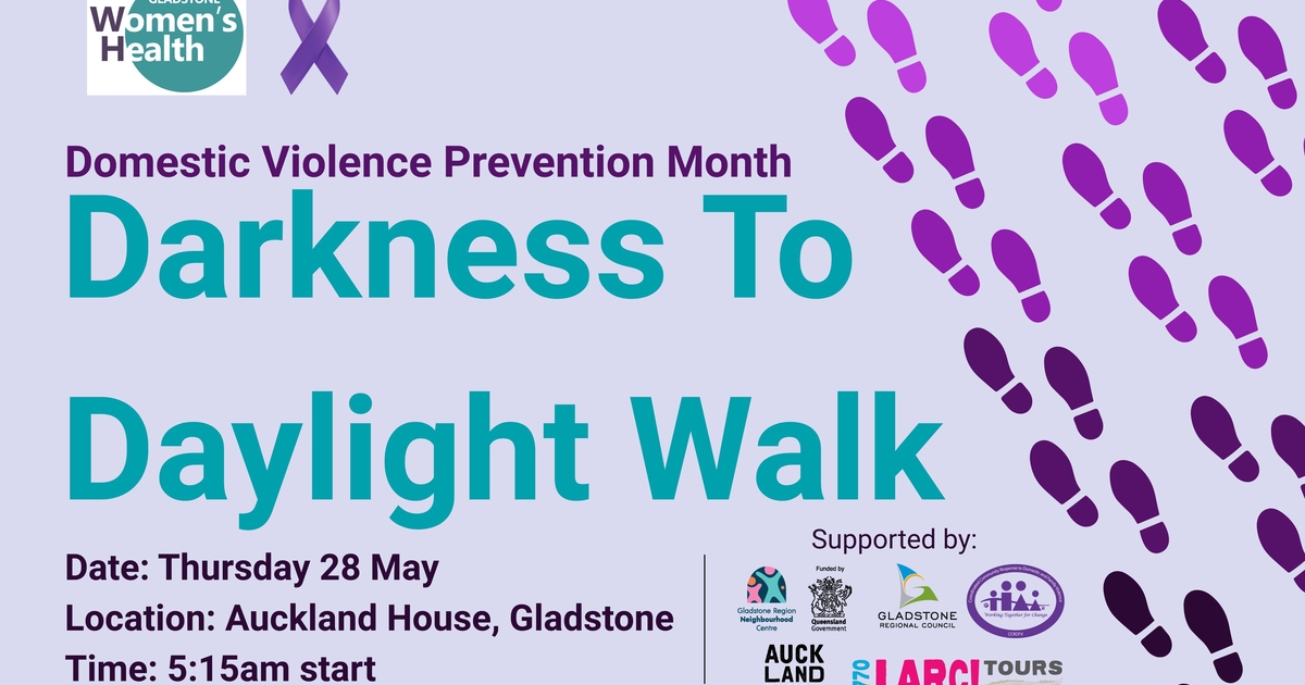 purple flyer with white under the heading and purple footprints on the right hand side walking up the flyer