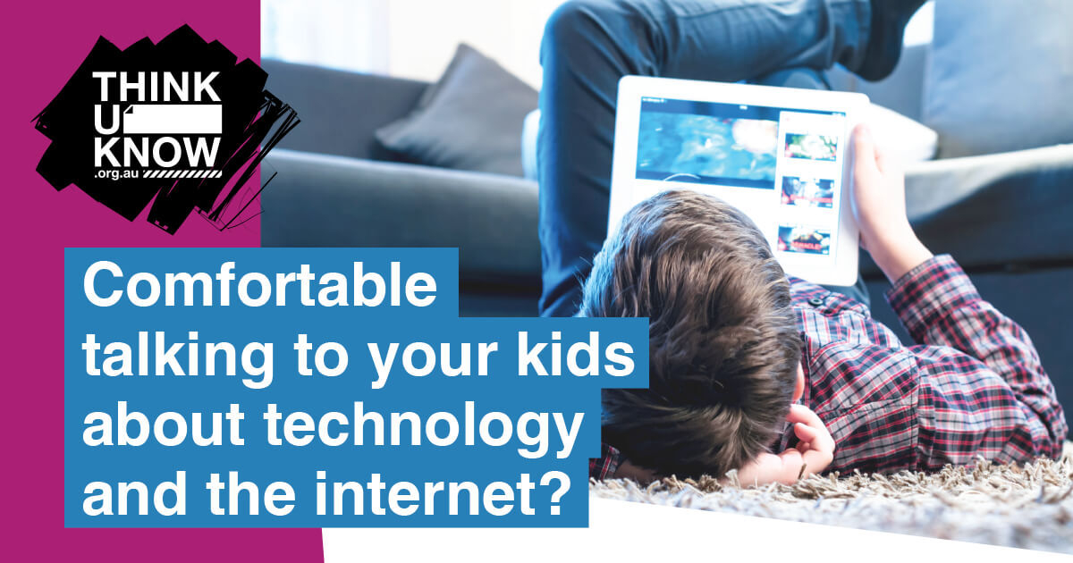 Child lying on couch looking at iPad with text "Comfortable talking to your kids about technology and the internet?" overtop
