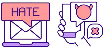 Illustration of hate mail and a phone in a hand with graphics illustrating bullying comments