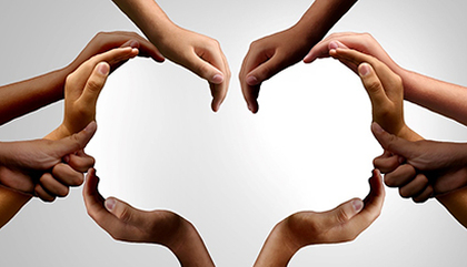 Series of hands cupped and shaped to give the impression of two profiles of heads left and right