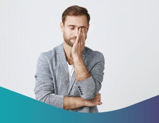 Man thinking with green and purple graphics